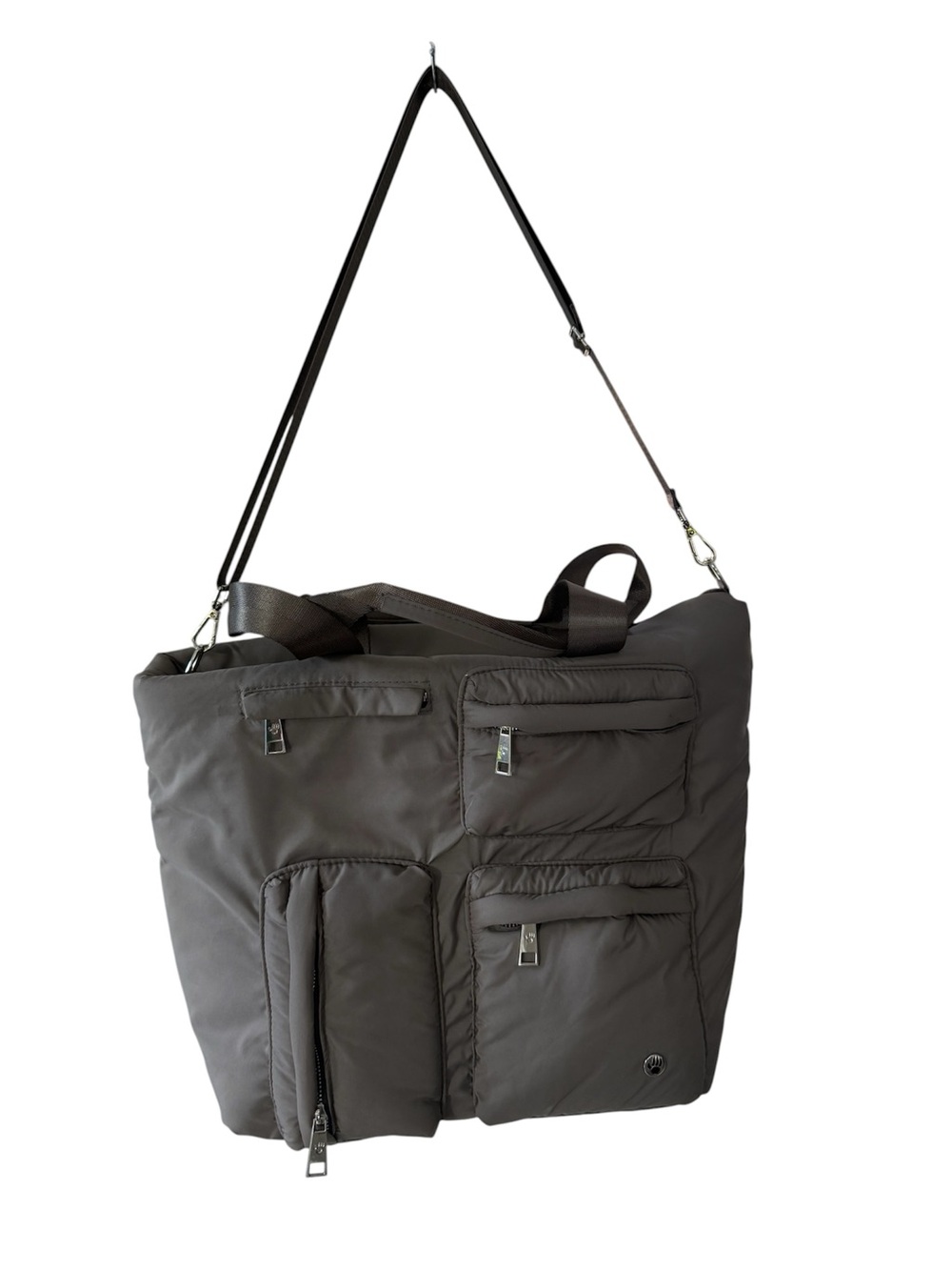 Bearpaw Sporty Nylon Tote Bag Light Gray Puffy Multi Pocket Cargo Zip Bag